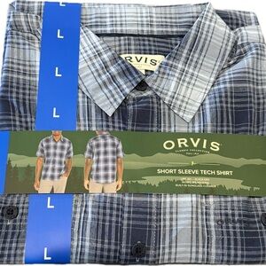 Orvis Mens Plaid Blue Short Sleeve Woven Tech Pocket Button Up Shirt Sz L UPF30+